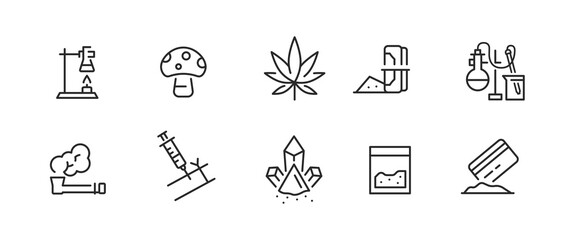 Drugs Icons Set. Set of 10 drugs trendy minimal icons. Examples: LSD, Marihuana, Syringe, Bong icon. Design signs for web page, mobile app, packaging design. Vector illustration 