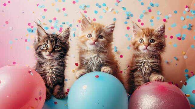 Birthday Invitation Card with Pictures of Cats and Ball