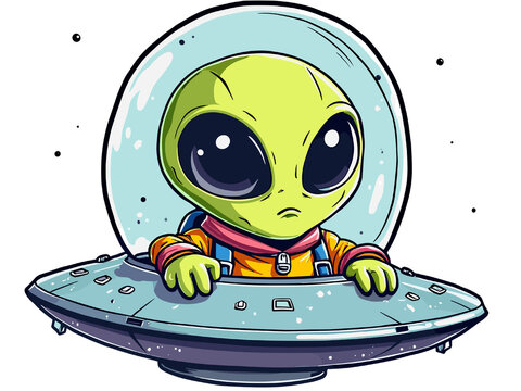 Cute alien character inside a colorful spaceship with a joyful expression exploring outer space 2d flat sticker vector