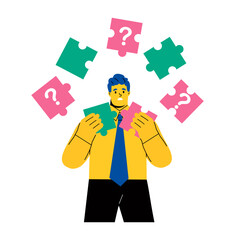 Confused business man cannot put together a jigsaw puzzle. Problem solution and dilemma. Flat vector illustration isolated on white background