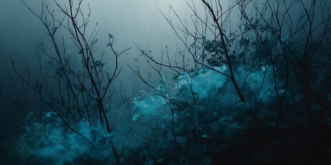 Dark themed blue and black landscape view, spooky and depression theme with cold touch, nature in dark blue depressed psychedelic landscape