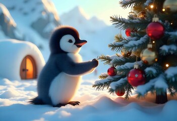 Obraz premium A 3D model of a cute young penguin Santa hats,gift box, ornaments, colorful Christmas tree,the essence of winter with snowy peaks small igloo in the background.