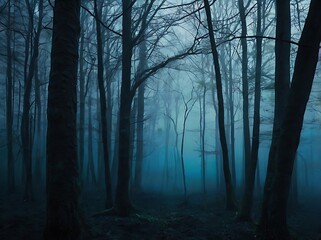 Fototapeta premium Dark themed blue and black landscape view, spooky and depression theme with cold touch, nature in dark blue depressed psychedelic landscape