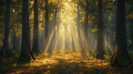 Obraz premium Golden Rays of Dawn: A Mystical Forest Path