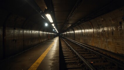Dark subway tunnel, tracks, and platform. 