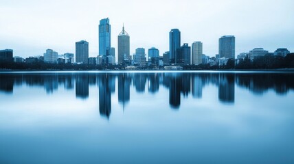 Fototapeta premium Reflective urban skyline at dusk cityscape photography waterfront view tranquil environment for city aesthetics