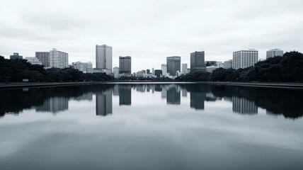 Fototapeta premium Urban skyline reflections tokyo cityscape photography calm environment wide angle view urban serenity concept