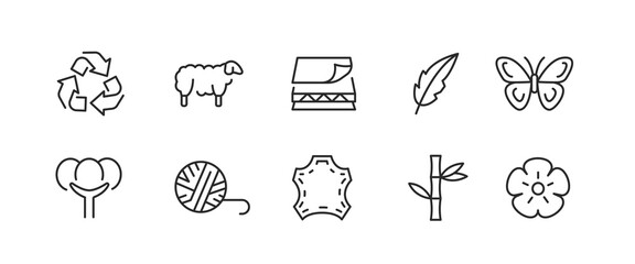 Fototapeta premium Fabric Materials icons. Set of 10 trendy minimal icons showcasing natural and synthetic materials used in fabric and textile production. Example: Cotton, Leather, Wool, Silk icons. Vector illustration