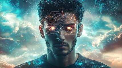 Futuristic Man AI Cyborg Technology Digital Art Glowing Eyes Clouds Space Fantasy Surreal Portrait