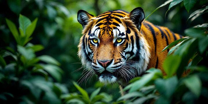 Dangerous tiger animal green leaves, Tiger looking the camera, jungle, orange tiger - Powered by Adobe