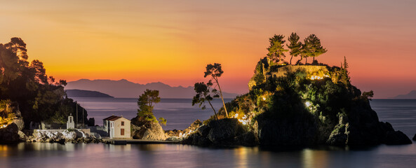 Ruins on a small island near the resort of Parga, Greece-night photography