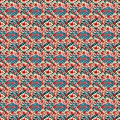Bohemian Rhapsody Patchwork: A vibrant, repeating pattern of intricate patchwork designs in shades of teal, coral, and cream. Perfect for textile design, fashion, and home decor.  