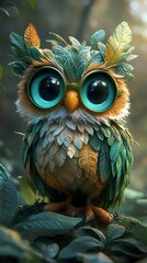 Delightful owl displays oversized glasses perched among dense greenery picture