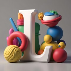 Playful 3D Render of Letter L Surrounded by Colorful Clay Objects