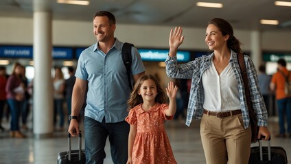 A family is walking away from a plane, waving. 
