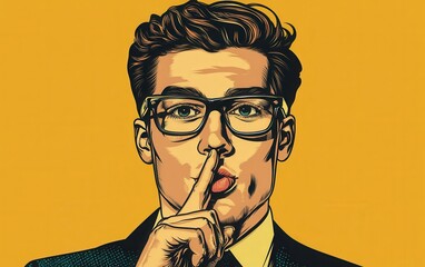 A young man in glasses and a suit, with an open mouth and finger to his lips as if sharing a secret or telling someone to be quiet, designed in vibrant vector graphics and pop art style. 