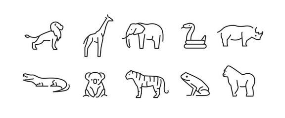 Exotic Animal icons. Set of 10 trendy minimal animal icons. Example: Lion, Giraffe, Tiger, Snake, Gorilla icons. Design signs for web page, mobile app, packaging design. Vector illustration.