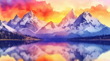 Obraz premium A vibrant watercolor of a majestic mountain range at sunrise, with peaks covered in snow and the sky painted in shades of orange, pink, and purple. A calm lake reflects the scene below.