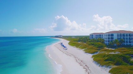 A serene beach scene with clear water, white sand, and nearby resort buildings.
