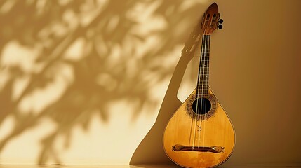 A traditional oud displayed against a warm cream background