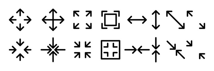 Large big screen display icon set. Compact, scalability, arrow mark, full screen, display screen size inch, Minimize and maximize, small and big display lcd line icons vector isolated illustration.