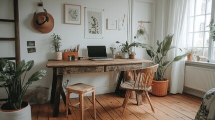 Rustic Wooden Desk Workspace With Plants And Laptop
