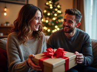 A joyful couple shares smiles while exchanging a wrapped gift, surrounded by festive lights and a Christmas tree in a cozy living room environment. Christmas and happy new year vibe