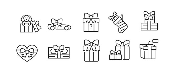 A set of 10 versatile gift-related icons, encompassing various forms of presents, such as wrapped boxes, gift cards, shopping incentives, and puppies and cars with bows. Vector illustration