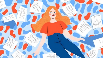 Woman Surrounded By Papers Amidst Abstract Shapes