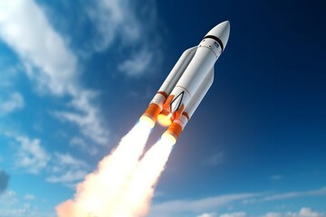White rocket taking off against a blue sky with clouds and fire. AI generative. .