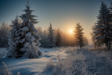 Snow-covered forest trees at sunrise with a soft glow. AI generative. .