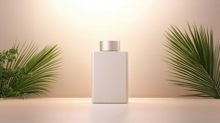Minimalist Product Showcase with White Container Surrounded by Greenery and Soft Lighting for Clean and Modern Aesthetic Appeal