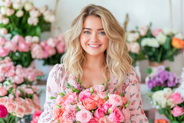 Young caucasian woman smiles joyfully while holding a vibrant bouquet of roses in a colorful flower shop filled with fresh blooms during daylight. floristry, making a bouquet