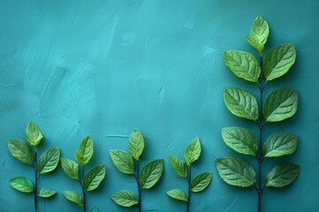 Green leaves on turquoise background. AI generative. .