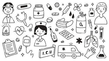 Medical and Healthcare Doodle Icon Set | Hand-Drawn Line Art Illustrations of Doctors, Nurses, Medical Equipment, and Healthcare Tools for Design Projects