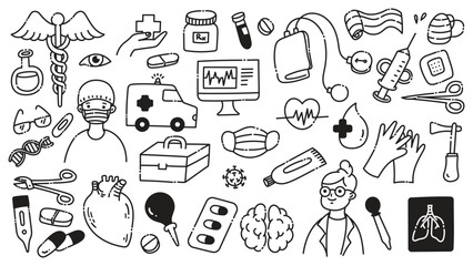 Medical and Healthcare Doodle Icon Set | Hand-Drawn Line Art Illustrations of Doctors, Nurses, Medical Equipment, and Healthcare Tools for Design Projects