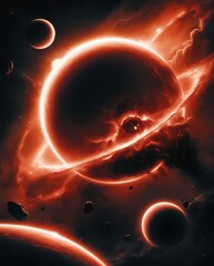 Space planets and stars abstract background illustration with red and orange flamelike rays of light in an astronomical landscape view full of beauties