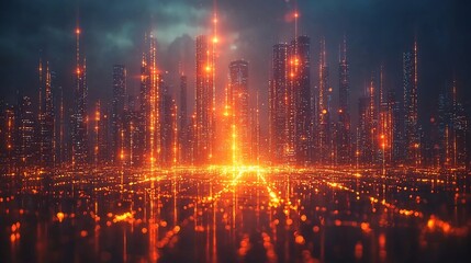 Obraz premium Futuristic Blockchain Powered Skyline with Glowing Digital Interconnected Chains Across Skyscrapers