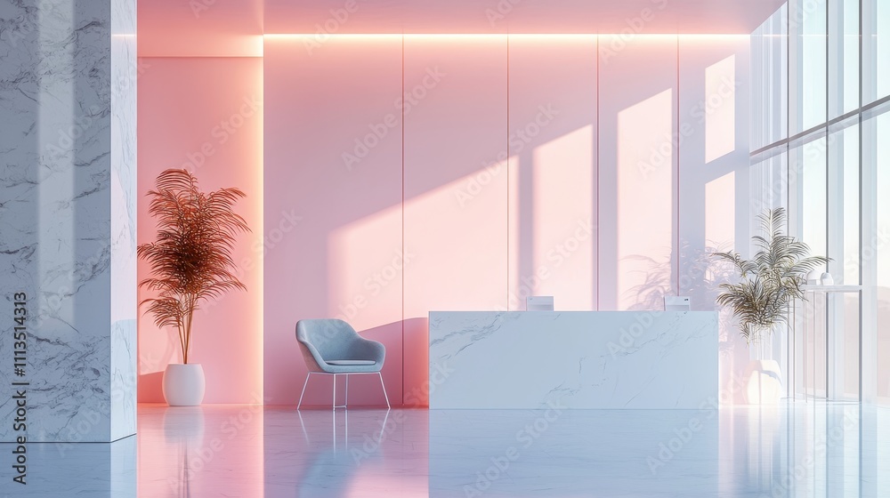 Poster minimalistic realistic reception area mockup with clean design and soft color palette