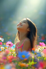 Naklejka premium A positive, smiling girl sitting on a sunlit meadow . AI generative.