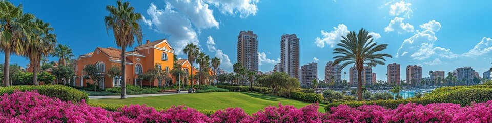 Obraz premium lush green park, blooming oleander trees, palm trees and residential buildings background