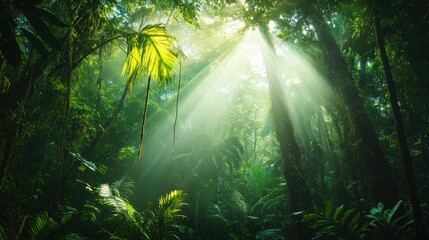 Obraz premium Sunbeams Illuminating Lush Rainforest