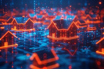 Neon glowing houses on a blue and red grid with bokeh. AI generative. .