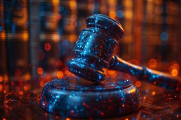 Close-up of a glowing gavel on a wooden surface with a blurry background of orange and blue bokeh lights. AI generative. .