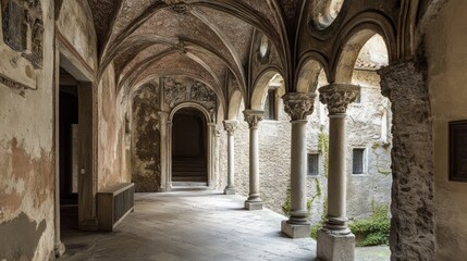 A serene corridor with arches, columns, and faded murals, evoking historical architecture.