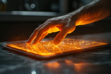 Hand hovering over a glowing tablet with a screen full of twinkling lights. AI generative. .