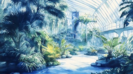 Serene indoor botanical garden with lush tropical plants and a tranquil stream, depicted in a cool-toned watercolor painting style.