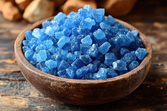 Blue Salt Crystals in Bowl, Bath Salt for Spa Relax, Cupric Sulfate or Copper Sulfate, Swimming Pool