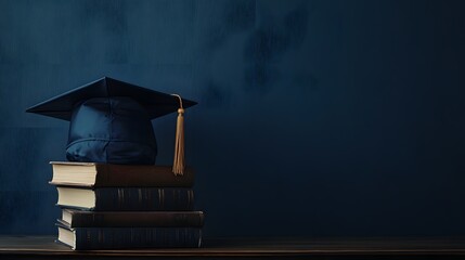 graduation cap on top of books