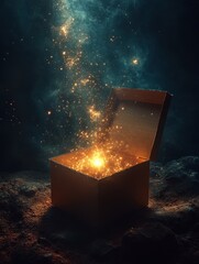 An open cardboard box emits radiant light beams in a dark, expansive setting